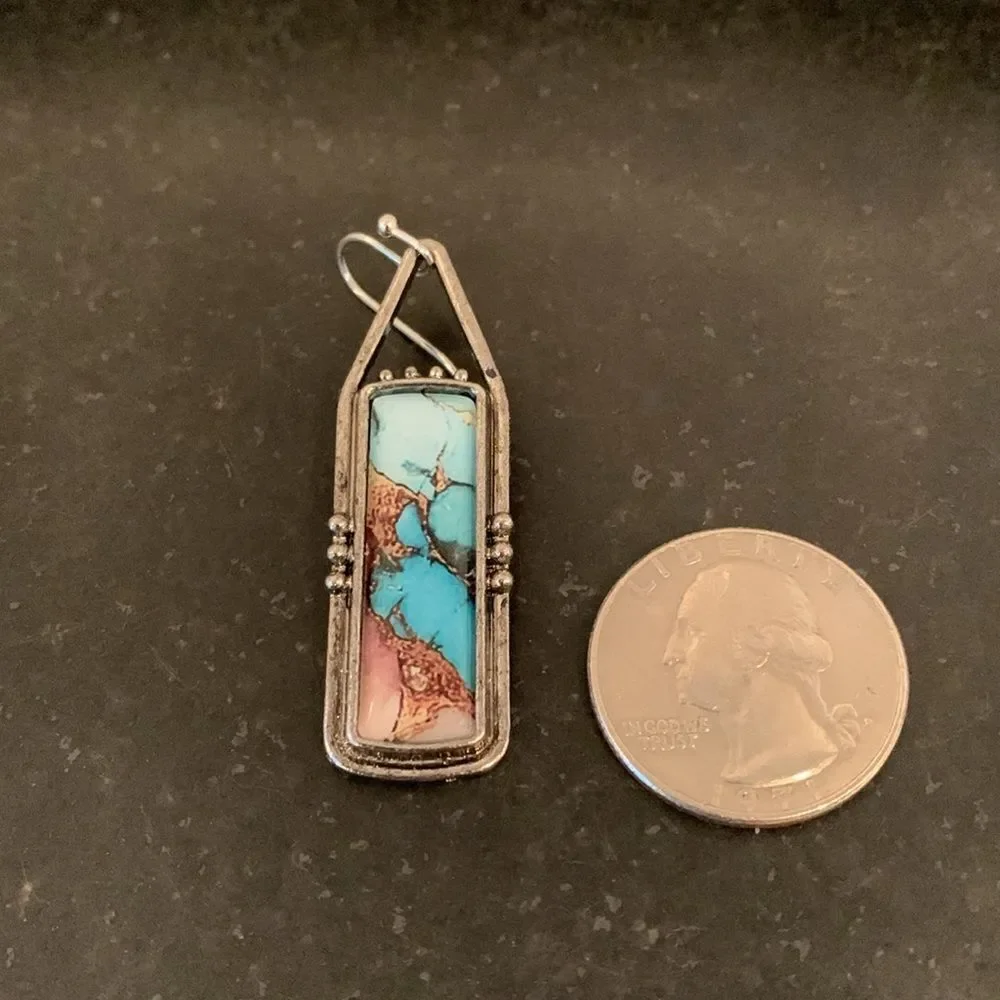 Western Marbled Kingman Style Rectangle Drop Earrings - Turquoise and Brown Colo